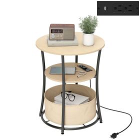 Round Side Table With Charging Station, 3-Tier End Table With Fabric Storage Bag And Shelf, Natural Wood (Option: YELLOW)