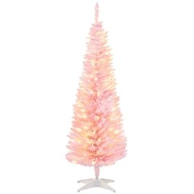 5ft Pencil Christmas Tree, Slim Artificial Christmas Tree with Realistic Branches and Warm White LED Lights, Pink (Option: Pink-880x150x160 mm)
