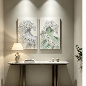 24x36 Set of 2 Ocean Wave Wall Art, Neutral Antique White & Sage Green Textured Canvas Painting with Gold Accents, Coastal Decor for Living Room, (Option: Sage Green+Gold)
