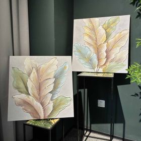 24x24 Set of 2 Botanical Leaf Wall Art, Neutral Antique White & Green Textured Canvas Painting with Gold Accents, Framed Decor for Living Room Be (Option: Green Leaf)