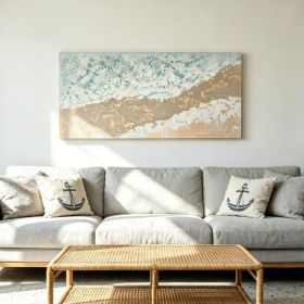 24x48 Neutral Beach Landscape Canvas Wall Art, Hand-Painted Thick Textured Coastal Painting, Aqua Blue & Beige Decor for Living Room, Ready to Ha (Option: Beige+Blue)