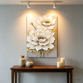 24x36 White Lotus Flower Canvas Wall Art, Hand-Painted Thick Textured Floral Painting with Gold Accents, Neutral Decor for Living Room Bedroom, R (Option: Antique White+Gray)